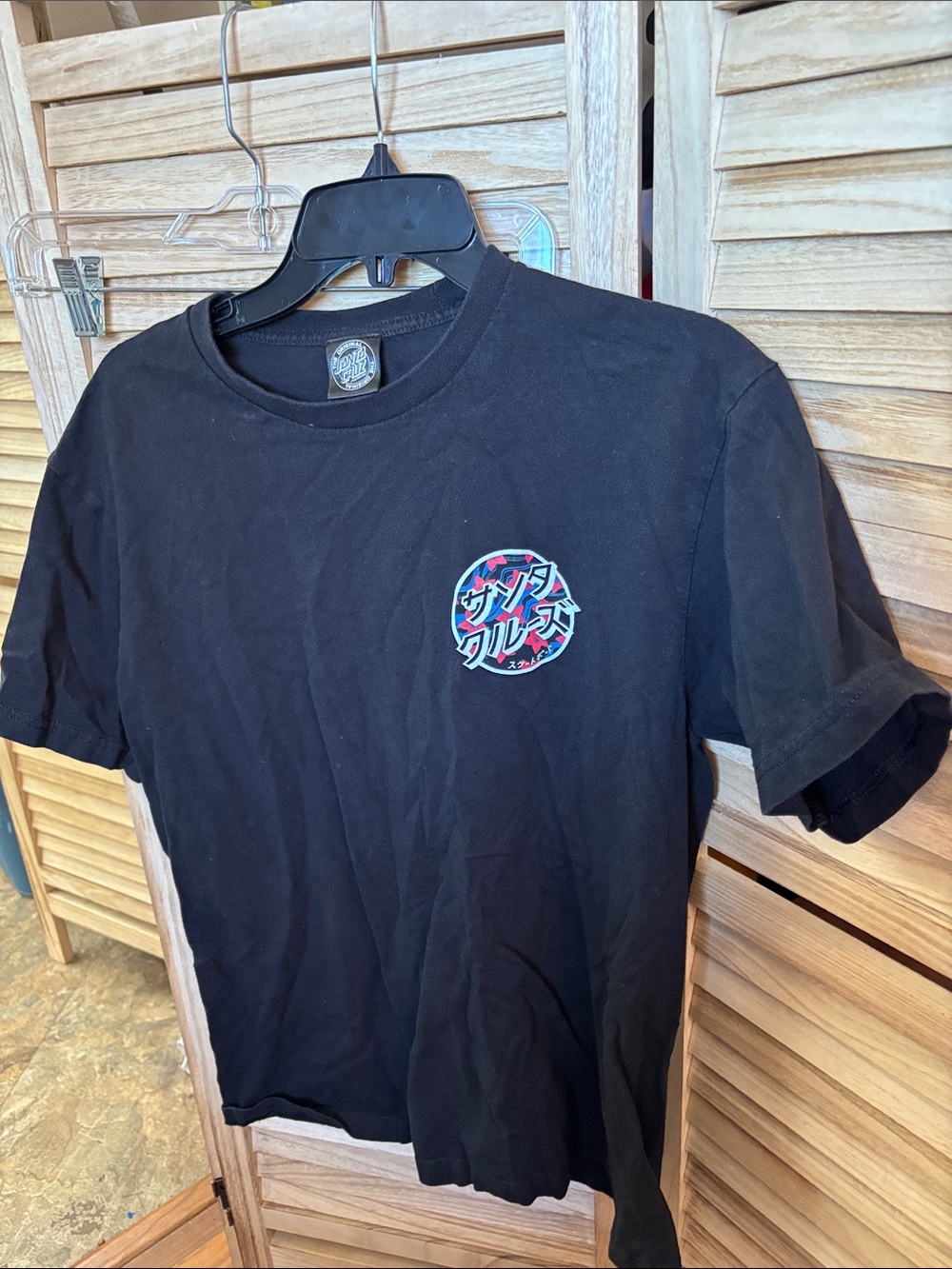 Santa Cruz Skateboards Black Tee with Small Multicolor Chest Logo Medium